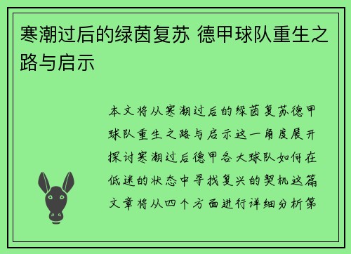 寒潮过后的绿茵复苏 德甲球队重生之路与启示