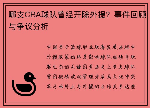 哪支CBA球队曾经开除外援？事件回顾与争议分析